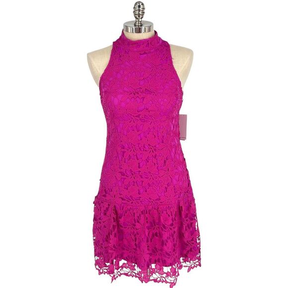 Julia‎ Jordan Size 6 Fuchsia Magenta Floral Lace Overlay Flounce Hem Shift Dress - Picture 1 of 10
